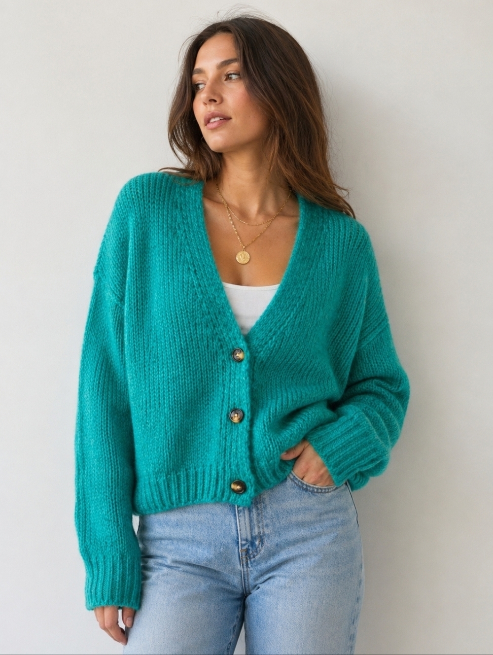 Strut & Bolt Emerald Green Slouchy Cardigan Wool Blend Chunky Knit. Size Med